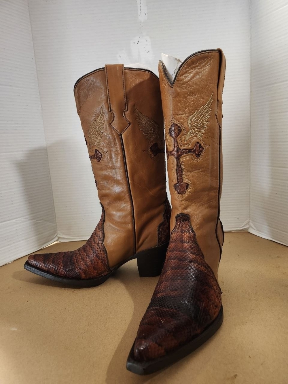 Tan Leather Western Boots with Embroidered Cross & Snakeskin Toe , Women's 8.5